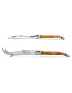 Service à fromage Laguiole. Couteau et fourchette finition inox mat, manches galbés en bois d'olivier
