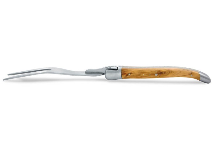 Service à fromage Laguiole. Couteau et fourchette finition inox mat, manches galbés en bois d'olivier