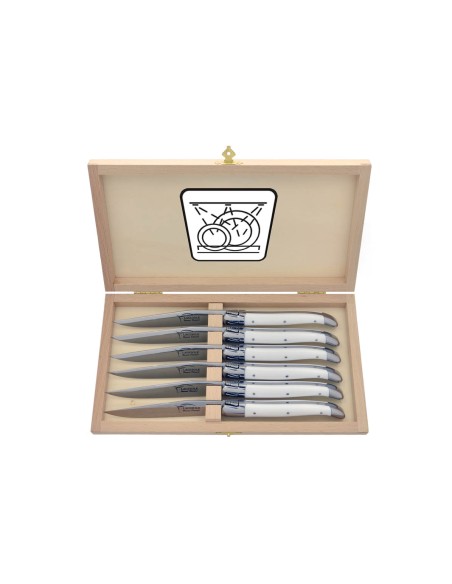 Coffret de 6 couteaux de table avec mitres inox brillant, lavables en machine, manche fin en corian blanc