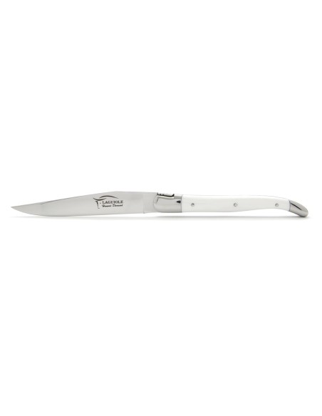 Coffret de 6 couteaux de table avec mitres inox brillant, lavables en machine, manche fin en corian blanc