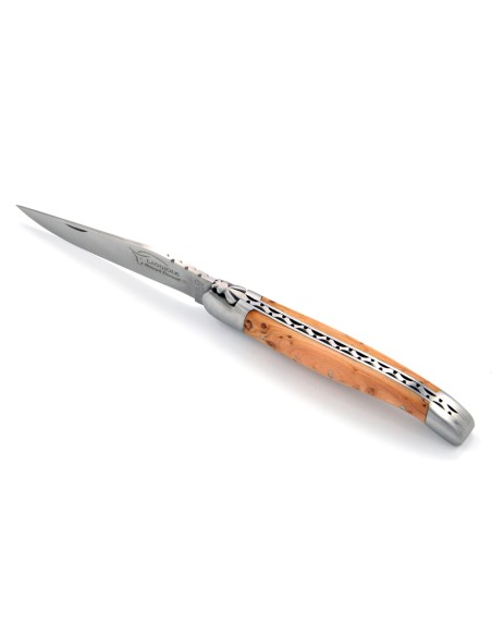 Laguiole pliant, 12 cm, abeille forgée, lame seule, mitres inox mat, manche genévrier cade