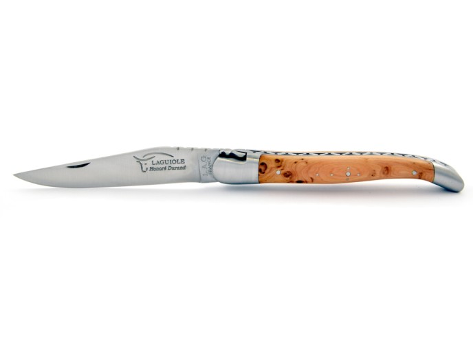 Laguiole pliant, 12 cm, abeille forgée, lame seule, mitres inox mat, manche genévrier cade
