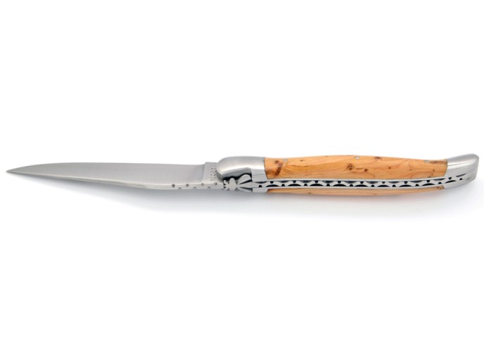 Laguiole pliant, 12 cm, abeille forgée, lame seule, mitres inox mat, manche genévrier cade