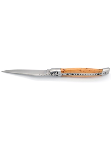 Laguiole pliant, 12 cm, abeille forgée, lame seule, mitres inox mat, manche genévrier cade