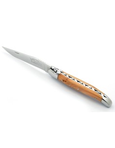 Laguiole pliant, 12 cm, abeille forgée, lame seule, mitres inox brillant, manche genévrier cade