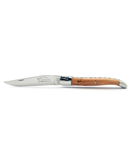 Laguiole pliant, 12 cm, abeille forgée, lame seule, mitres inox brillant, manche genévrier cade