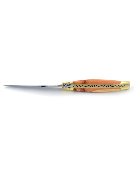 Laguiole pliant, 11 cm, abeille forgée, lame seule, mitres laiton, manche en genévrier-cade