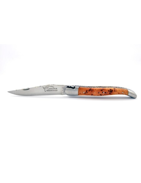 Laguiole pliant 12 cm, abeille forgée, doubles platines avec dos de lame entier ciselé, mitres inox mat, manche genévrier cade