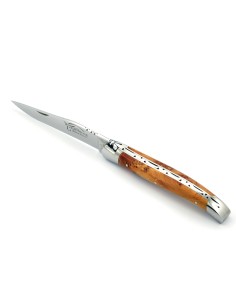Laguiole pliant, 11 cm, abeille forgée, lame seule, mitres inox brillant, manche en genévrier-cade