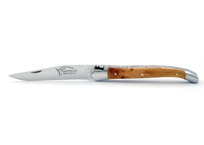 Laguiole pliant, 11 cm, abeille forgée, lame seule, mitres inox brillant, manche en genévrier-cade