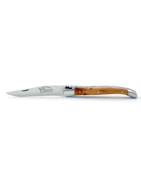 Laguiole pliant, 11 cm, abeille forgée, lame seule, mitres inox brillant, manche en genévrier-cade