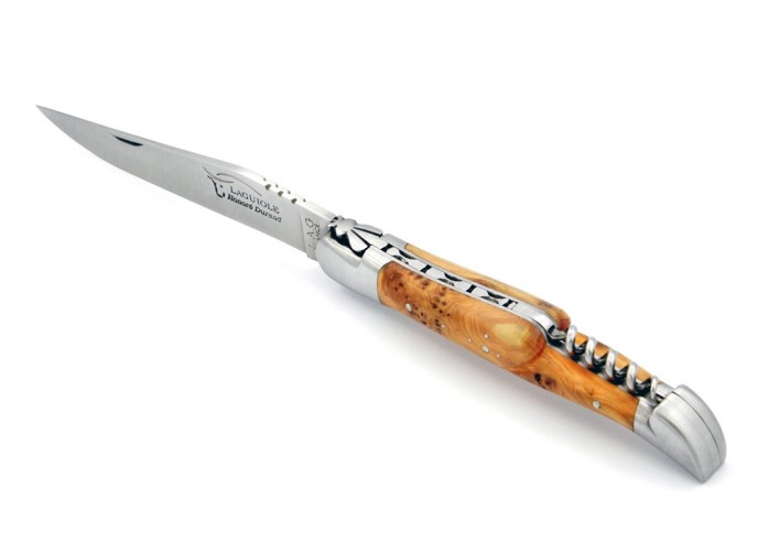 Laguiole pliant, 12 cm, abeille forgée, lame & tire-bouchon, mitres inox mat, manche genévrier cade