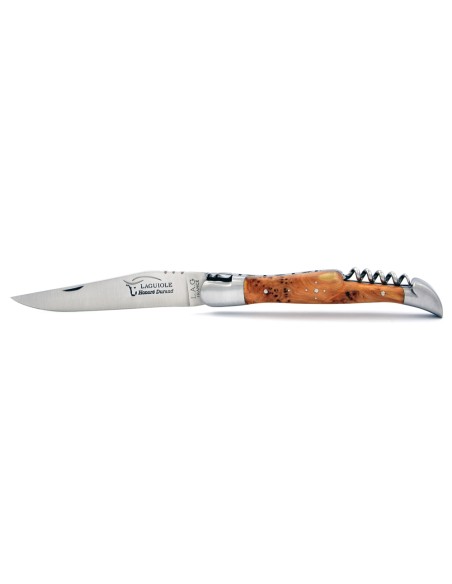 Laguiole pliant, 12 cm, abeille forgée, lame & tire-bouchon, mitres inox mat, manche genévrier cade