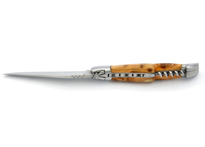 Laguiole pliant, 12 cm, abeille forgée, lame & tire-bouchon, mitres inox mat, manche genévrier cade