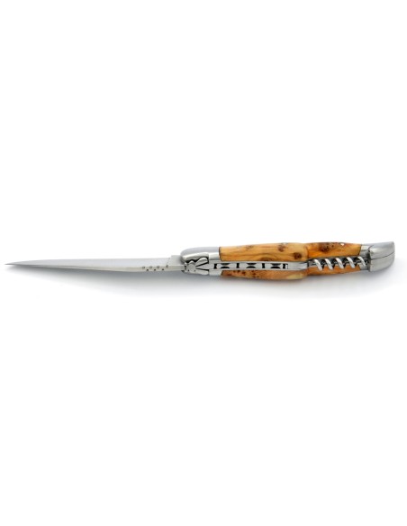Laguiole pliant, 12 cm, abeille forgée, lame & tire-bouchon, mitres inox mat, manche genévrier cade