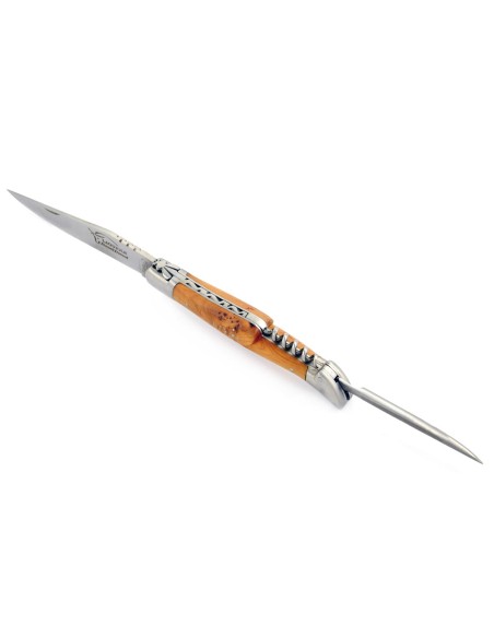 Laguiole pliant, 12 cm, abeille forgée, lame & tire-bouchon & poinçon, mitres inox mat, manche cade genévrier