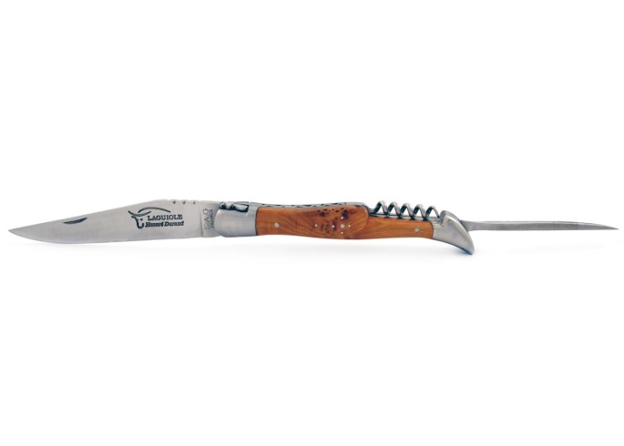 Laguiole pliant, 12 cm, abeille forgée, lame & tire-bouchon & poinçon, mitres inox mat, manche cade genévrier