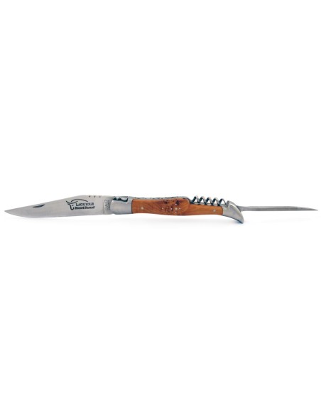 Laguiole pliant, 12 cm, abeille forgée, lame & tire-bouchon & poinçon, mitres inox mat, manche cade genévrier