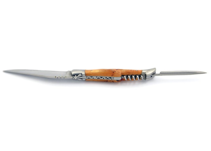 Laguiole pliant, 12 cm, abeille forgée, lame & tire-bouchon & poinçon, mitres inox mat, manche cade genévrier