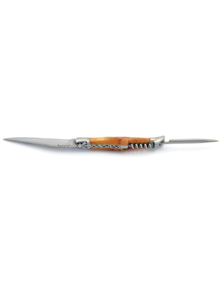 Laguiole pliant, 12 cm, abeille forgée, lame & tire-bouchon & poinçon, mitres inox mat, manche cade genévrier