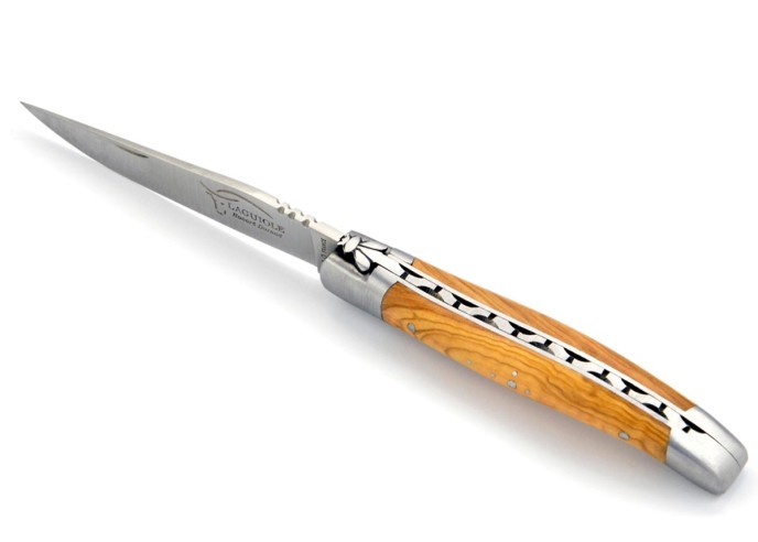 Laguiole pliant, 11 cm, abeille forgée, lame seule, mitres inox mat, manche en olivier