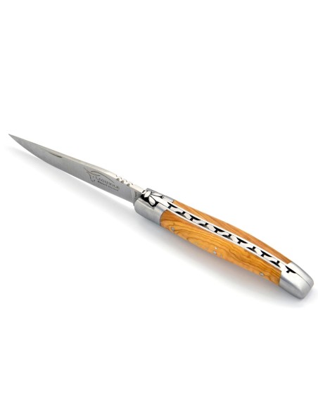 Laguiole pliant, 11 cm, abeille forgée, lame seule, mitres inox mat, manche en olivier