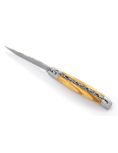 Laguiole pliant 12 cm, abeille forgée, doubles platines avec dos de lame entier ciselé, mitres inox mat, manche olivier