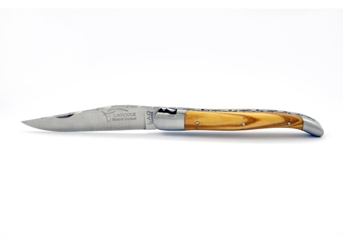 Laguiole pliant 12 cm, abeille forgée, doubles platines avec dos de lame entier ciselé, mitres inox mat, manche olivier