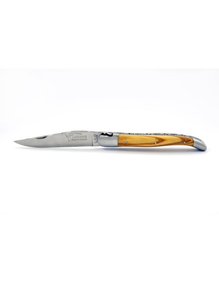 Laguiole pliant 12 cm, abeille forgée, doubles platines avec dos de lame entier ciselé, mitres inox mat, manche olivier