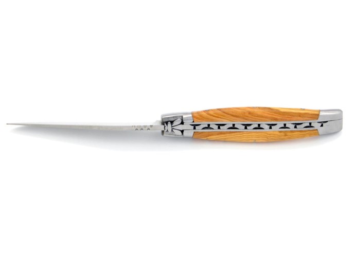 Laguiole pliant, 11 cm, abeille forgée, lame seule, mitres inox mat, manche en olivier