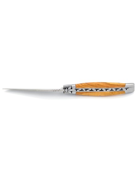 Laguiole pliant, 11 cm, abeille forgée, lame seule, mitres inox mat, manche en olivier
