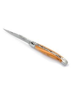 Laguiole pliant 11 cm, abeille forgée, lame seule, ciselé dessus-dessous, mitres inox brillant, manche olivier