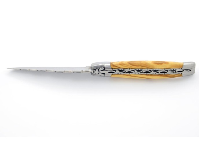 Laguiole pliant 12 cm, abeille forgée, doubles platines avec dos de lame entier ciselé, mitres inox mat, manche olivier