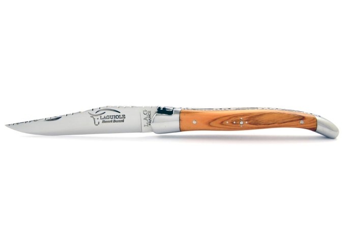 Laguiole pliant 11 cm, abeille forgée, lame seule, ciselé dessus-dessous, mitres inox brillant, manche olivier