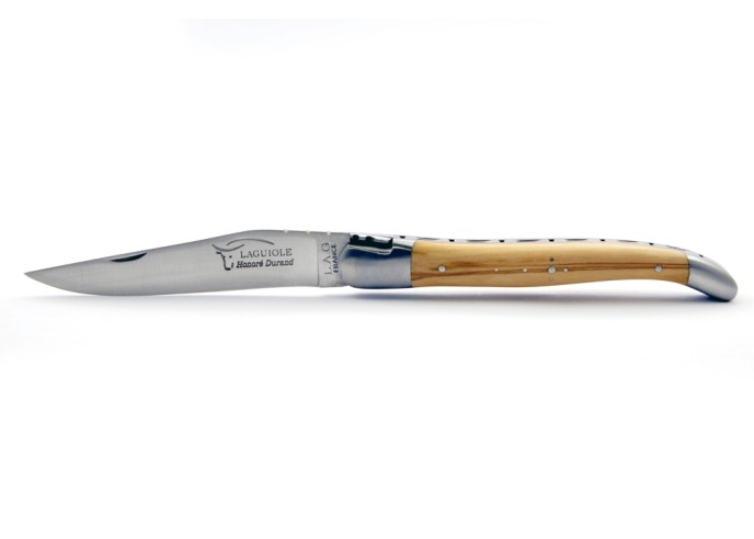 Laguiole pliant, 12 cm, abeille forgée, lame seule, manche bois d'olivier