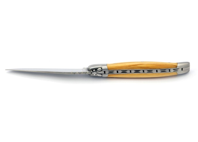 Laguiole pliant, 12 cm, abeille forgée, lame seule, manche bois d'olivier