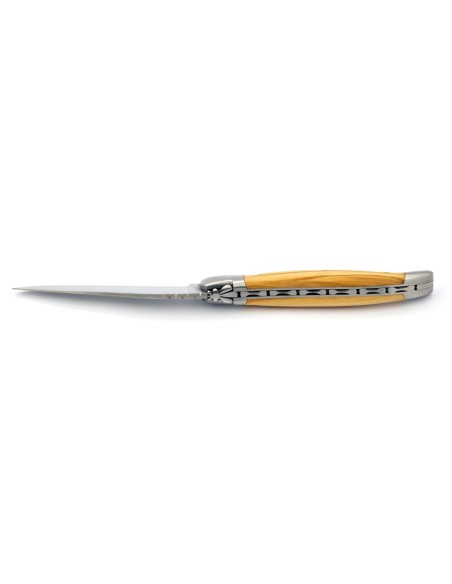 Laguiole pliant, 12 cm, abeille forgée, lame seule, manche bois d'olivier