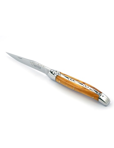 Laguiole pliant, 11 cm, abeille forgée, lame seule, mitres inox brillant, manche en olivier