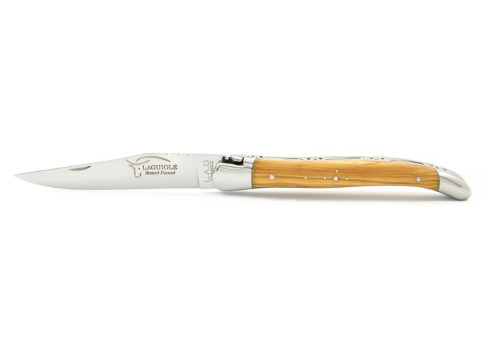 Laguiole pliant, 11 cm, abeille forgée, lame seule, mitres inox brillant, manche en olivier