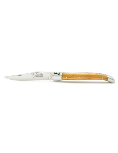 Laguiole pliant, 11 cm, abeille forgée, lame seule, mitres inox brillant, manche en olivier