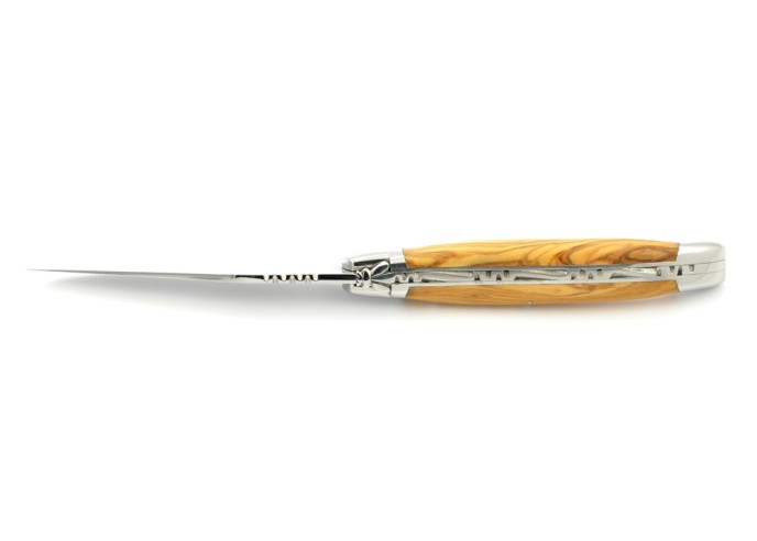 Laguiole pliant, 11 cm, abeille forgée, lame seule, mitres inox brillant, manche en olivier