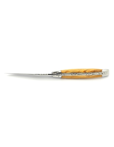 Laguiole pliant, 11 cm, abeille forgée, lame seule, mitres inox brillant, manche en olivier