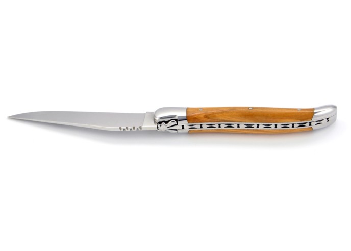 Laguiole pliant, 12 cm, abeille forgée, lame seule, manche bois d'olivier