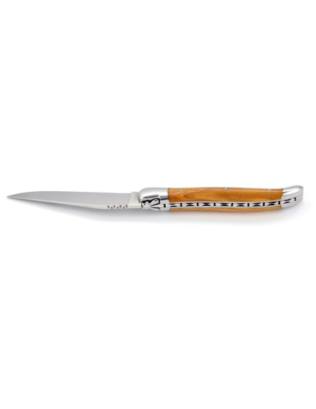 Laguiole pliant, 12 cm, abeille forgée, lame seule, manche bois d'olivier