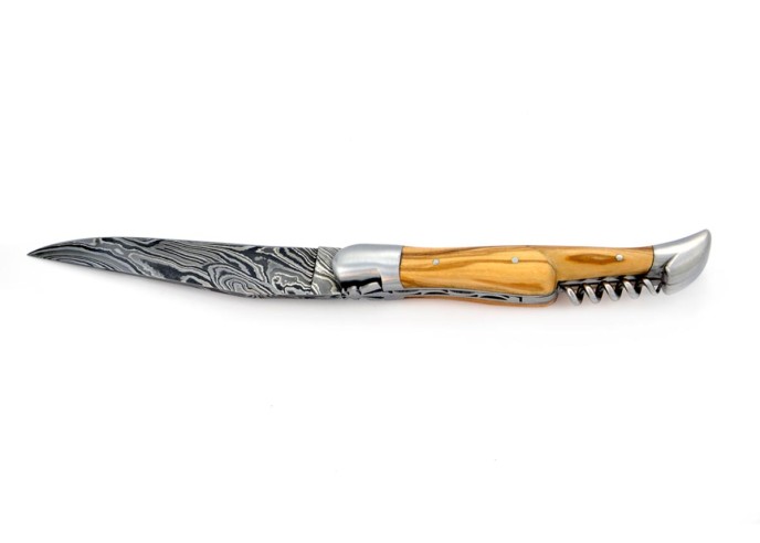 Laguiole pliant, 12 cm, abeille forgée, lame & tire-bouchon, acier Damas, mitres inox mat, manche olivier
