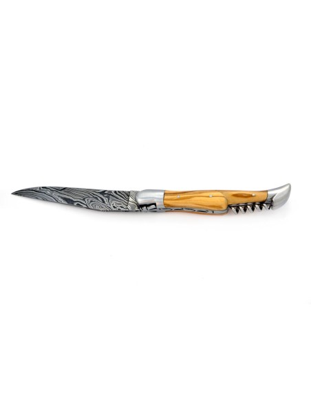 Laguiole pliant, 12 cm, abeille forgée, lame & tire-bouchon, acier Damas, mitres inox mat, manche olivier
