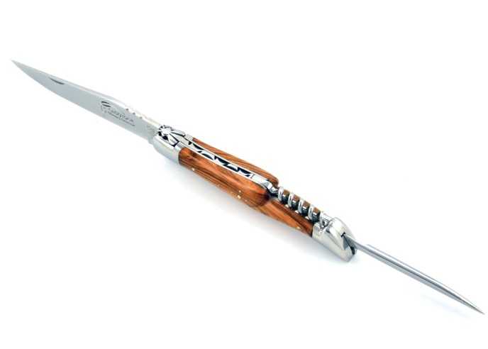 Laguiole pliant, 12 cm, abeille forgée, lame & tire-bouchon & poinçon, mitres inox brillant, manche en olivier