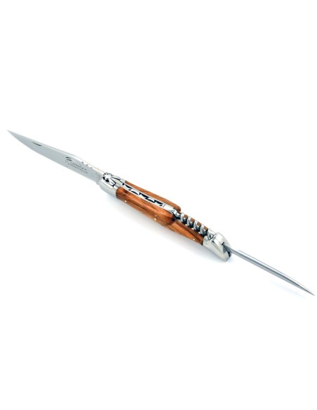 Laguiole pliant, 12 cm, abeille forgée, lame & tire-bouchon & poinçon, mitres inox brillant, manche en olivier