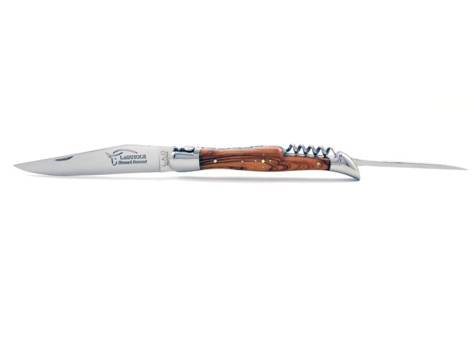 Laguiole pliant, 12 cm, abeille forgée, lame & tire-bouchon & poinçon, mitres inox brillant, manche en olivier