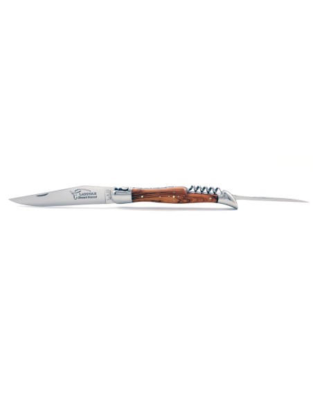Laguiole pliant, 12 cm, abeille forgée, lame & tire-bouchon & poinçon, mitres inox brillant, manche en olivier